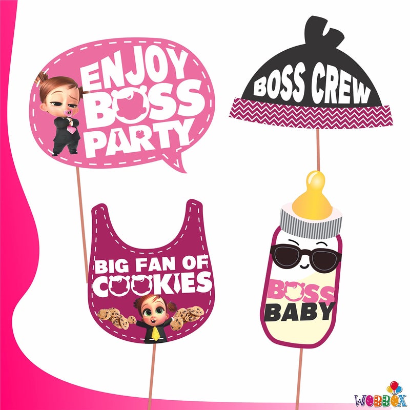 WOBBOX Happy Birthday Baby Boss Theme Photo Booth Party Props Pink Color, Birthday Party Deocration Items, Party Decoration Item (16 Pcs) - Image 2