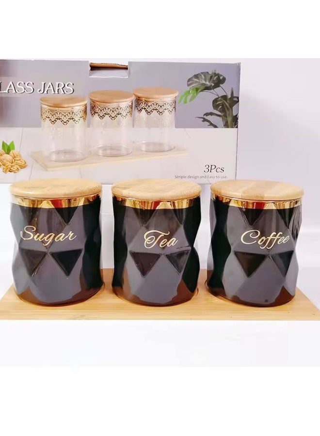 طقم توابل بورسيلين اسود بغطاء خشب -الطقم عباره عن 3 برطمان علي حامل خشب ..سعه البرطمان 550ml  - Image 4