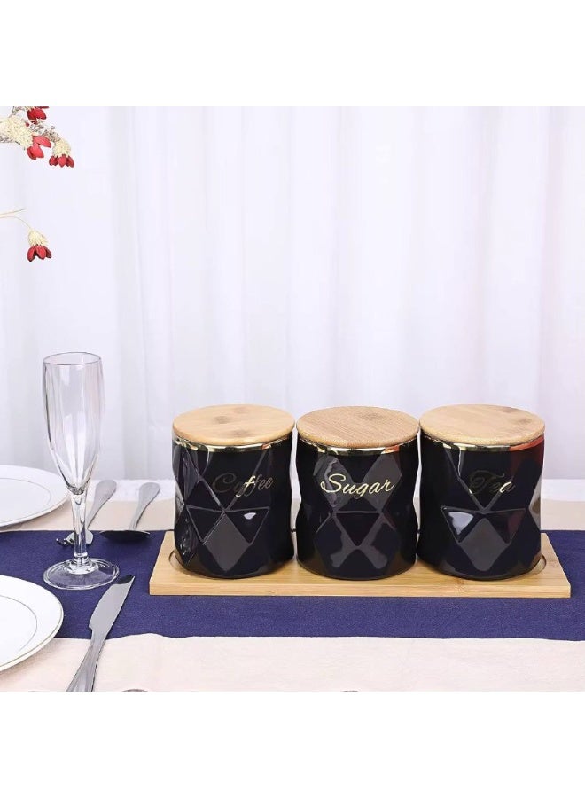 طقم توابل بورسيلين اسود بغطاء خشب -الطقم عباره عن 3 برطمان علي حامل خشب ..سعه البرطمان 550ml  - Image 5