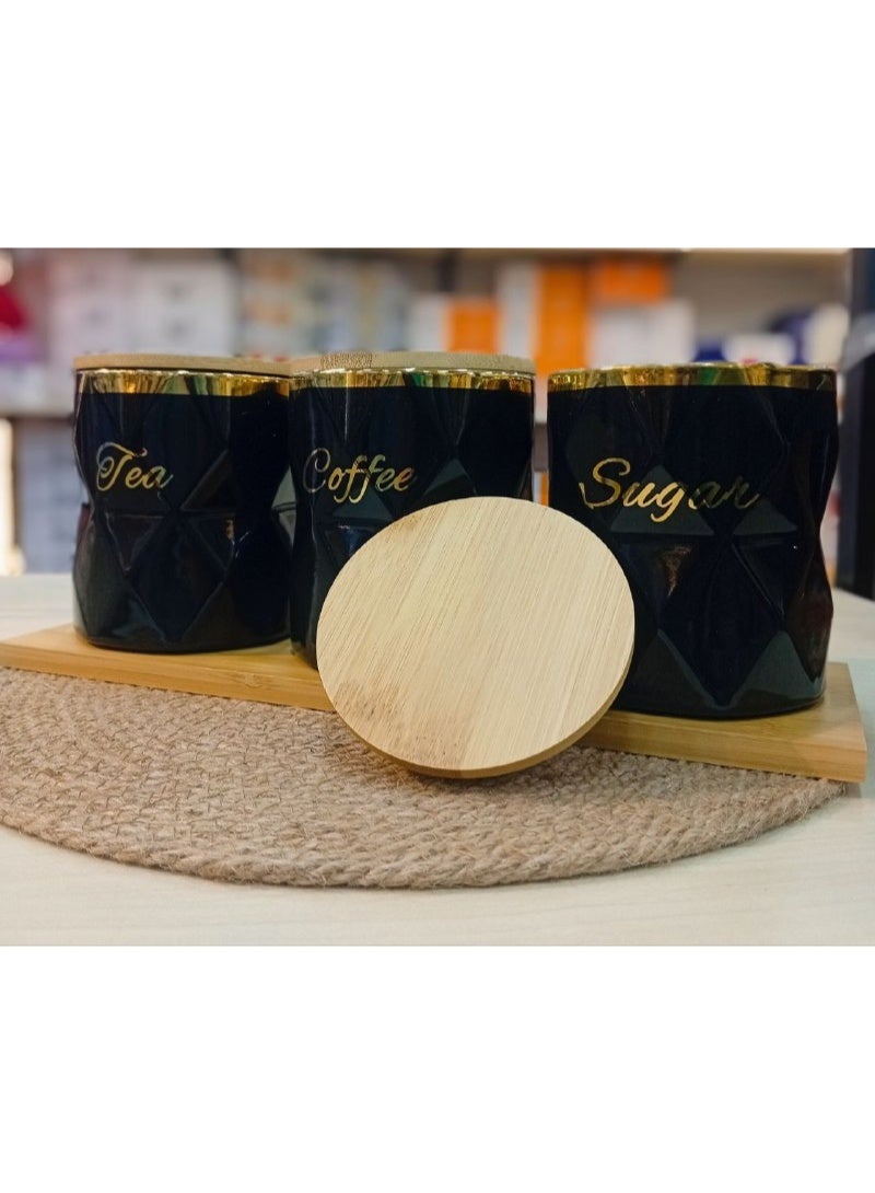 طقم توابل بورسيلين اسود بغطاء خشب -الطقم عباره عن 3 برطمان علي حامل خشب ..سعه البرطمان 550ml  - Image 3