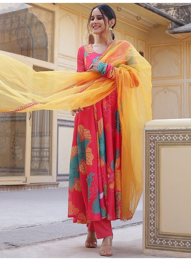 AKS Couture Floral Printed Regular Anarkali Kurta with Trousers & Dupatta - Image 4