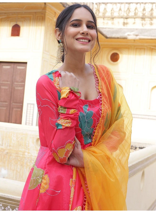 AKS Couture Floral Printed Regular Anarkali Kurta with Trousers & Dupatta - Image 2