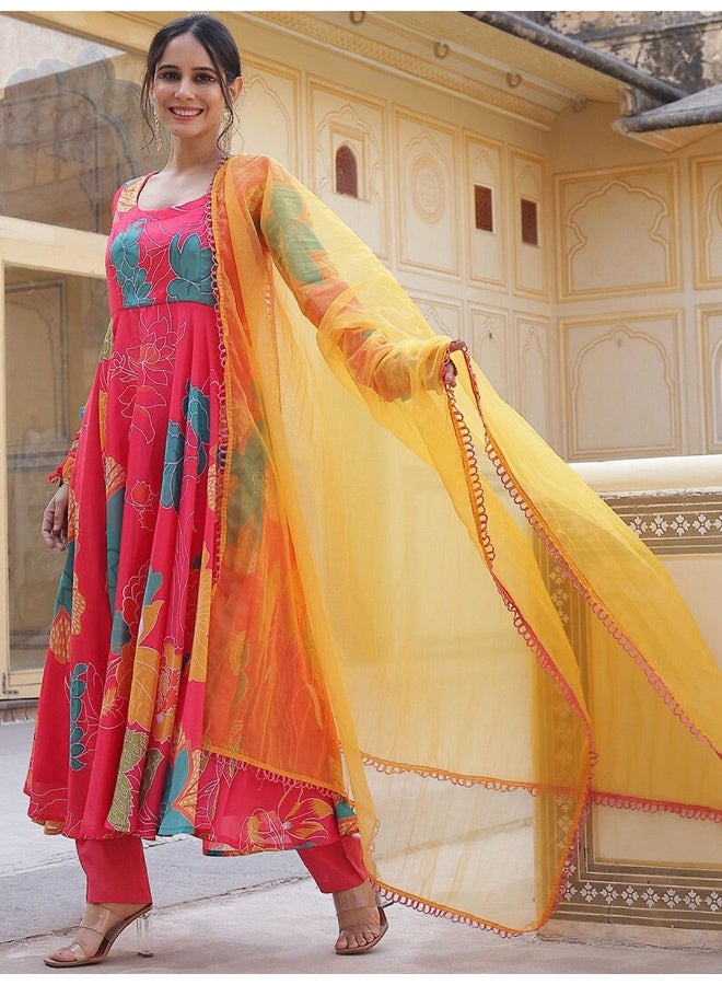 AKS Couture Floral Printed Regular Anarkali Kurta with Trousers & Dupatta - Image 3