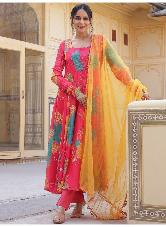 AKS Couture Floral Printed Regular Anarkali Kurta with Trousers & Dupatta - Image 1