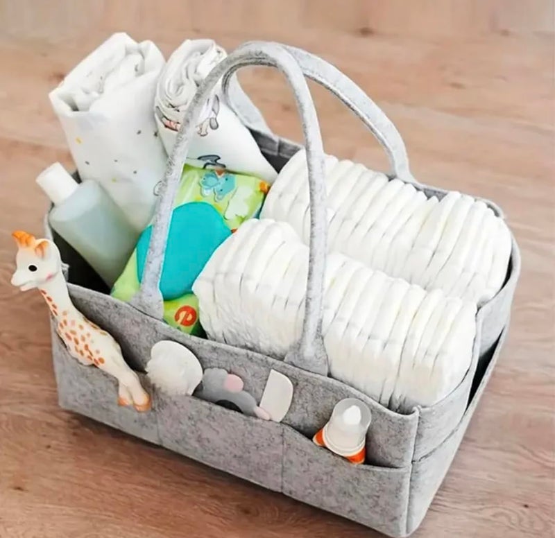 Baby Diaper Caddy Organizer, Felt Storage Basket with Handles and Multiple Compartments (Grey) - Image 2