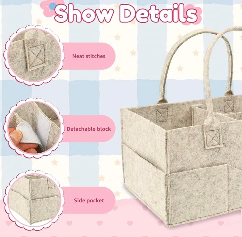 Baby Diaper Caddy Organizer, Felt Storage Basket with Handles and Multiple Compartments (Grey) - Image 5