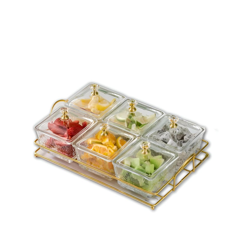 Gold Metal Rack - Sturdy presentation stand designed for glass bowls and condiment dishes, perfect for buffet service, fruit trays, desserts, nuts, candy, chips, and dip. (6 containers) - Image 1