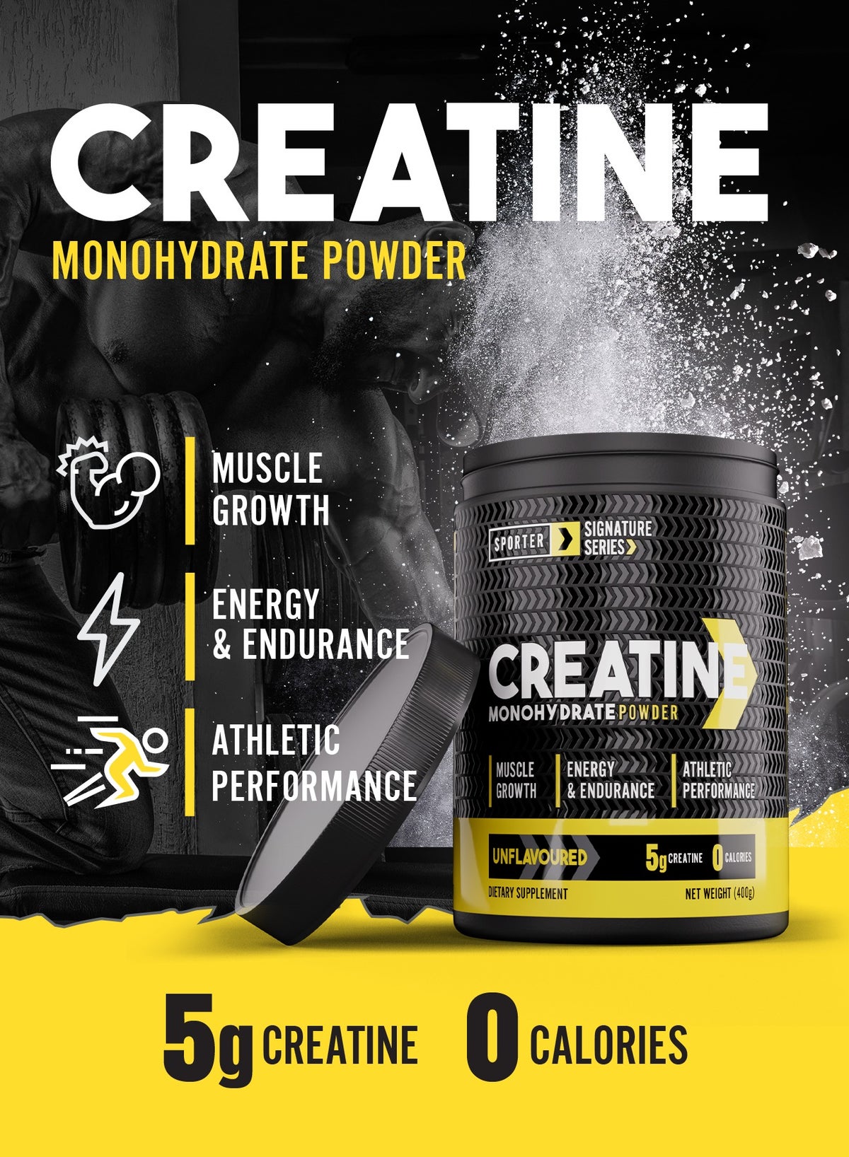 Sporter Unflavored Creatine Monohydrate Powder 400g 80 Servings