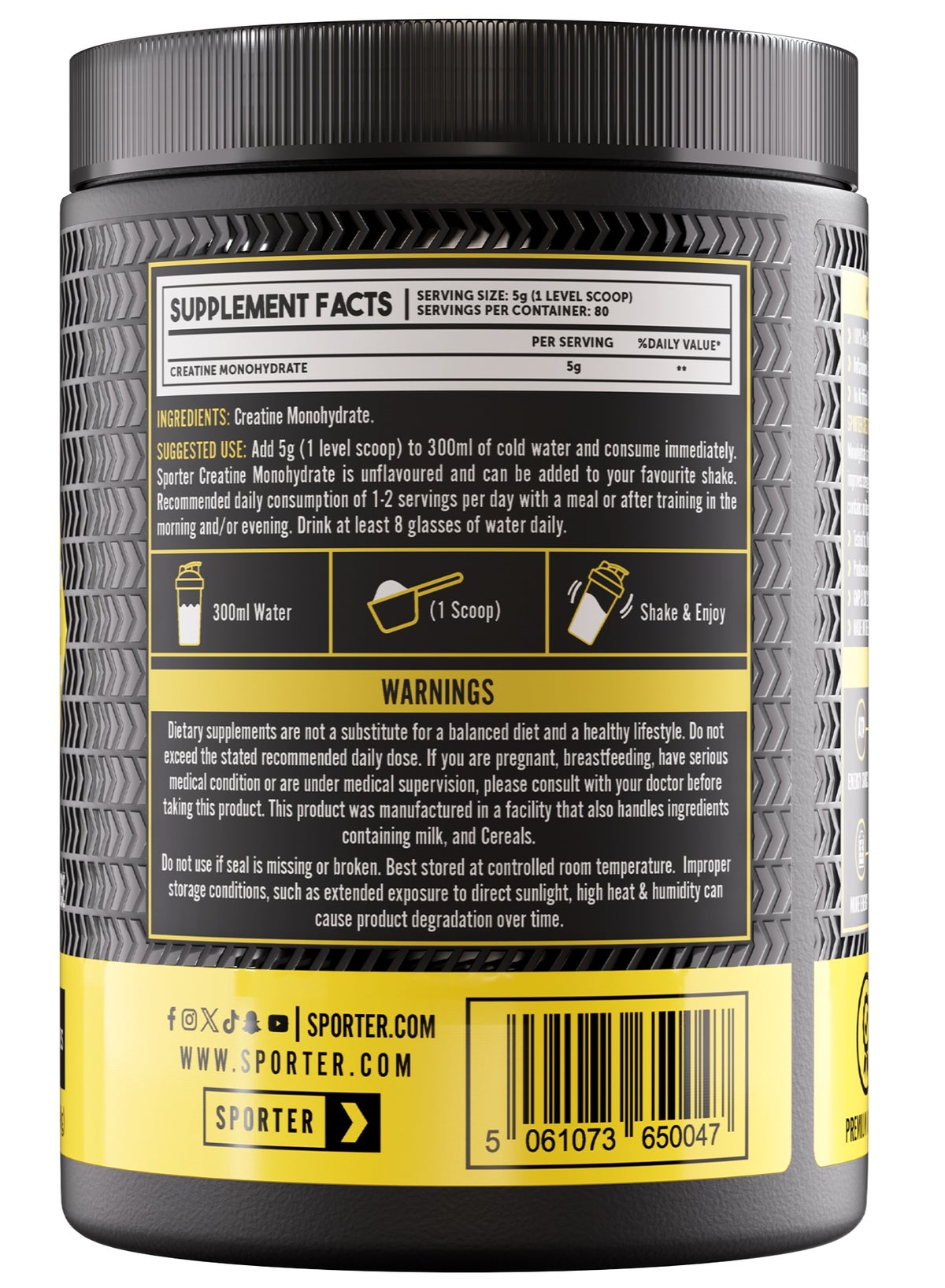 Sporter Unflavored Creatine Monohydrate Powder 400g 80 Servings