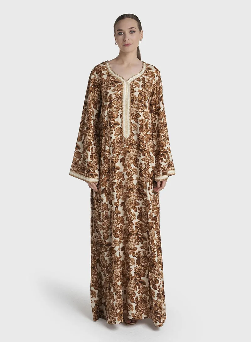 Kashkha Brown Colour Lace Work Rayon Floral Printed Jalabiya (VG3373)