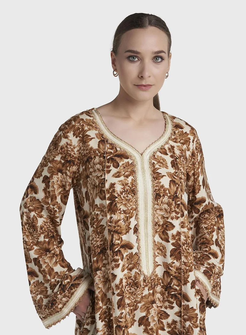 Kashkha Brown Colour Lace Work Rayon Floral Printed Jalabiya (VG3373)