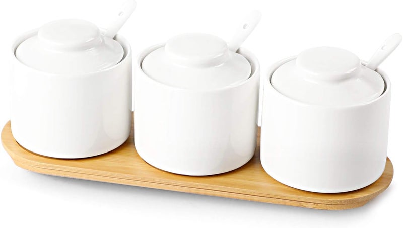 ONTUBE Ceramic Condiment Jar Set of 3 with Tray, Condiment Pot With Spoon and Lid, Seasoning Box,Sugar Bowl, 8oz (White) - Image 1