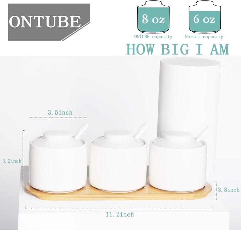 ONTUBE Ceramic Condiment Jar Set of 3 with Tray, Condiment Pot With Spoon and Lid, Seasoning Box,Sugar Bowl, 8oz (White) - Image 2
