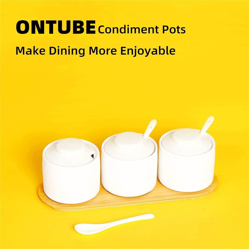 ONTUBE Ceramic Condiment Jar Set of 3 with Tray, Condiment Pot With Spoon and Lid, Seasoning Box,Sugar Bowl, 8oz (White) - Image 5