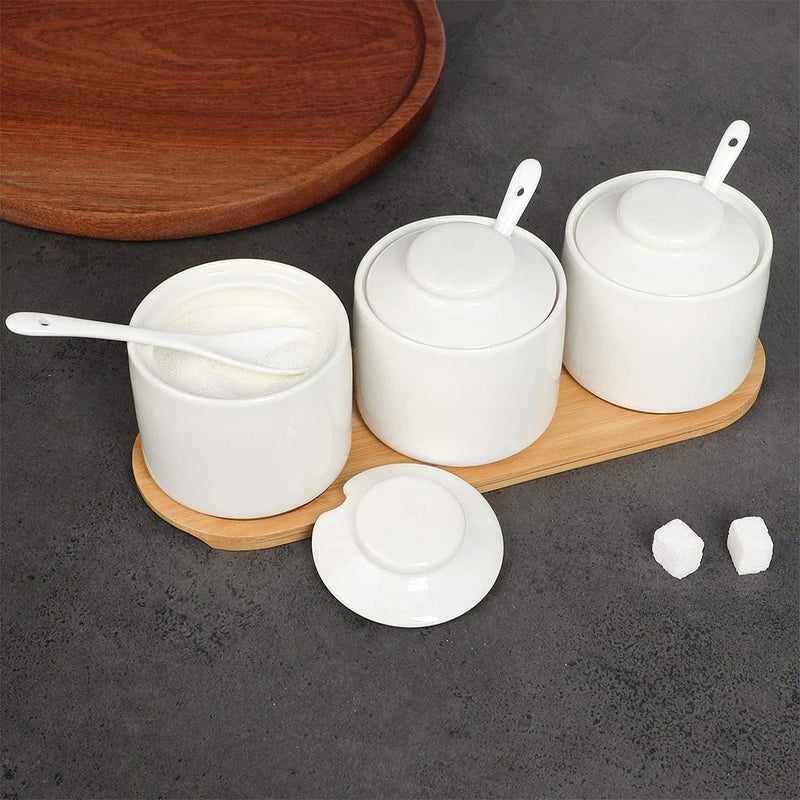 ONTUBE Ceramic Condiment Jar Set of 3 with Tray, Condiment Pot With Spoon and Lid, Seasoning Box,Sugar Bowl, 8oz (White) - Image 4