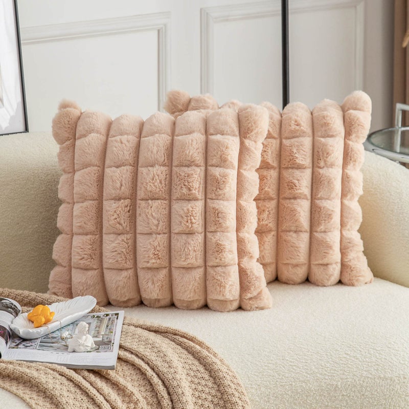Neelvin Camel Faux Fur Cozy Soft Plaid Decorative Throw Pillow Covers 18x18 inch Set of 2Velvet Pillowcase Cushion Case for Sofa Couch - Image 2