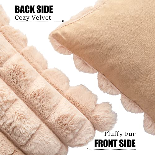 Neelvin Camel Faux Fur Cozy Soft Plaid Decorative Throw Pillow Covers 18x18 inch Set of 2Velvet Pillowcase Cushion Case for Sofa Couch - Image 3