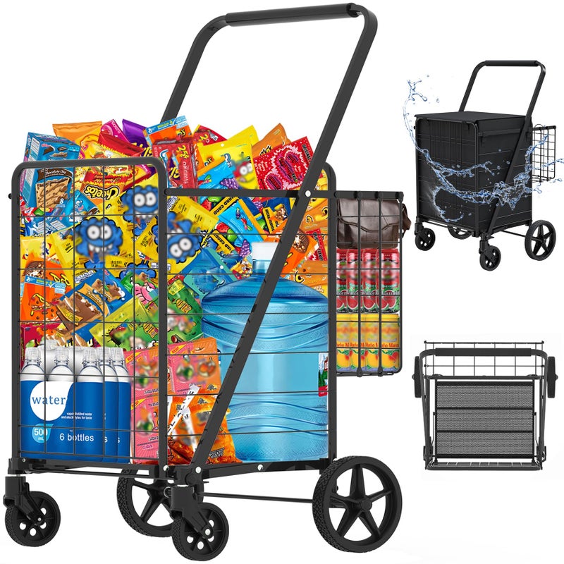 JIALIJIU Heavy Duty Folding Shopping Cart for Groceries, Jumbo Grocery Carts with 360Â° Swivel Wheels, Waterproof Bag, Portable Utility Trolley for Daily, Laundry, Holds Up to 320 LBS - Image 1