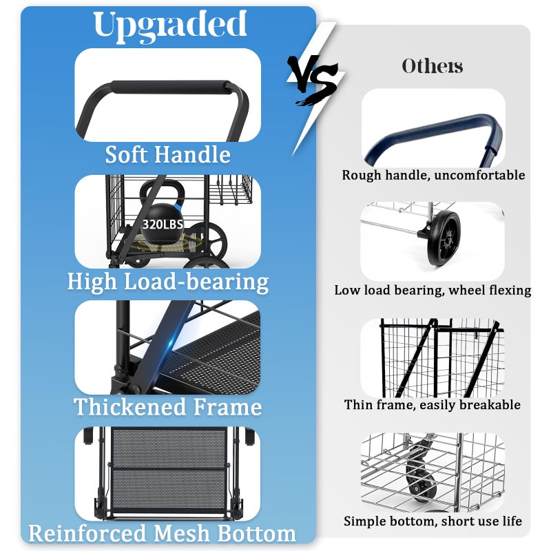 JIALIJIU Heavy Duty Folding Shopping Cart for Groceries, Jumbo Grocery Carts with 360Â° Swivel Wheels, Waterproof Bag, Portable Utility Trolley for Daily, Laundry, Holds Up to 320 LBS - Image 3