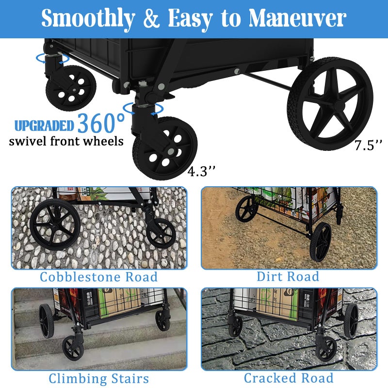 JIALIJIU Heavy Duty Folding Shopping Cart for Groceries, Jumbo Grocery Carts with 360Â° Swivel Wheels, Waterproof Bag, Portable Utility Trolley for Daily, Laundry, Holds Up to 320 LBS - Image 4