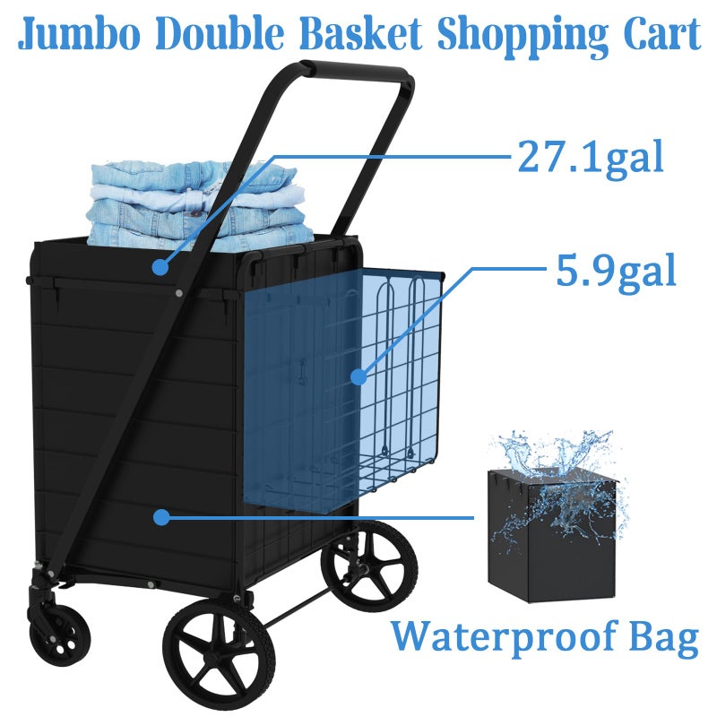 JIALIJIU Heavy Duty Folding Shopping Cart for Groceries, Jumbo Grocery Carts with 360Â° Swivel Wheels, Waterproof Bag, Portable Utility Trolley for Daily, Laundry, Holds Up to 320 LBS - Image 2