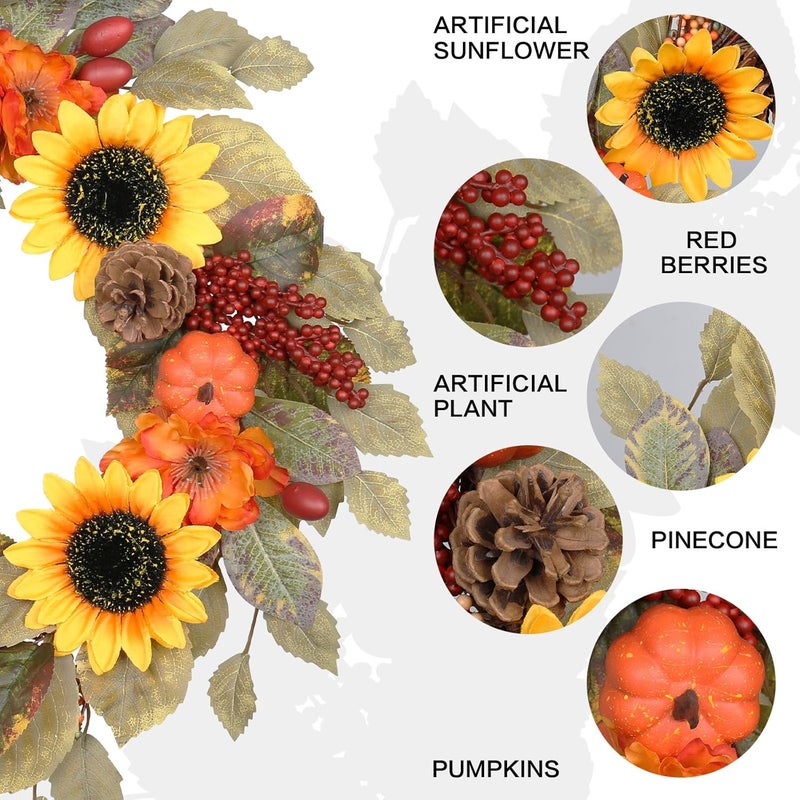 RoseCraft Fall Wreath, 20inch Artificial Sunflower Pumpkins Berry Pine Cones Fall Wreaths for Front Door Decor with HOME Sweet HOME Wooden Sign, for Autumn Thanksgiving Porch Wall Outdoor Decorations. - Image 2