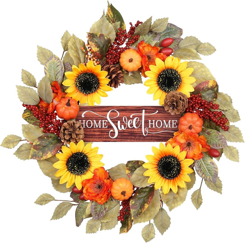 RoseCraft Fall Wreath, 20inch Artificial Sunflower Pumpkins Berry Pine Cones Fall Wreaths for Front Door Decor with HOME Sweet HOME Wooden Sign, for Autumn Thanksgiving Porch Wall Outdoor Decorations. - Image 1