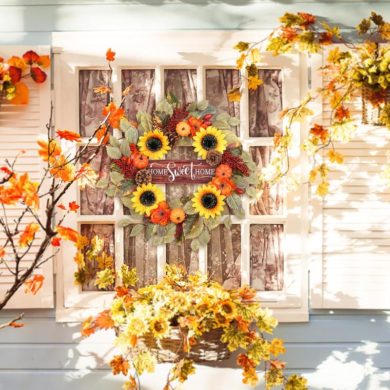 RoseCraft Fall Wreath, 20inch Artificial Sunflower Pumpkins Berry Pine Cones Fall Wreaths for Front Door Decor with HOME Sweet HOME Wooden Sign, for Autumn Thanksgiving Porch Wall Outdoor Decorations. - Image 4