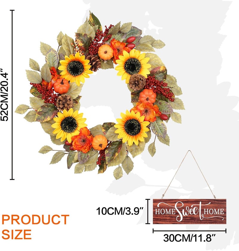 RoseCraft Fall Wreath, 20inch Artificial Sunflower Pumpkins Berry Pine Cones Fall Wreaths for Front Door Decor with HOME Sweet HOME Wooden Sign, for Autumn Thanksgiving Porch Wall Outdoor Decorations. - Image 3