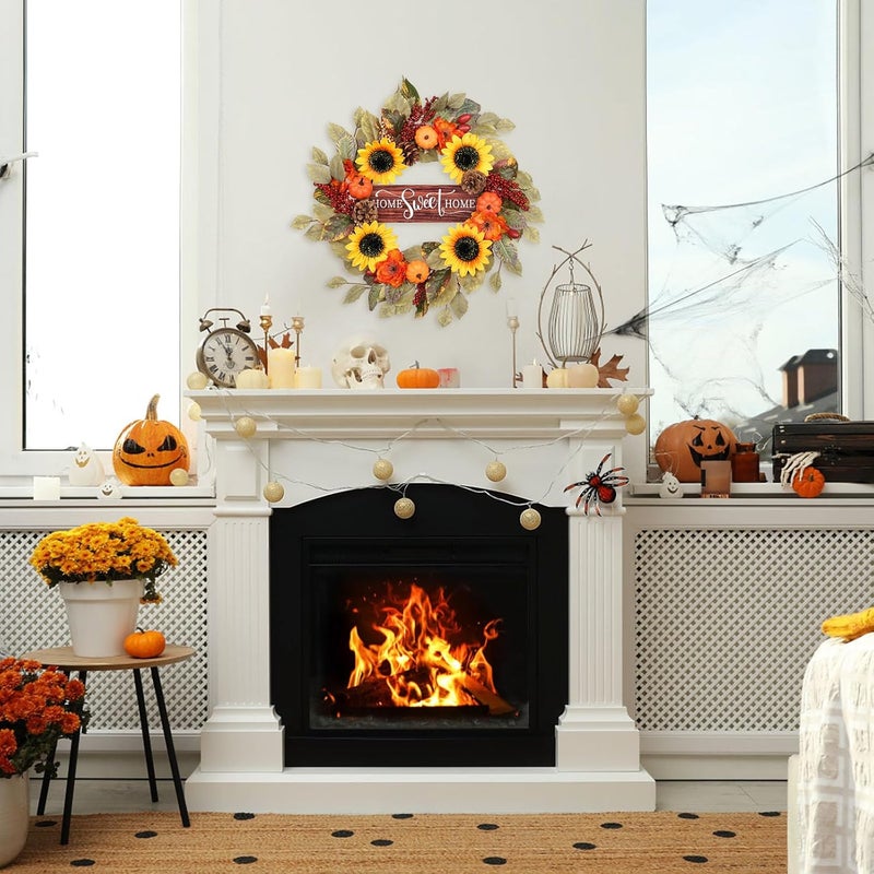 RoseCraft Fall Wreath, 20inch Artificial Sunflower Pumpkins Berry Pine Cones Fall Wreaths for Front Door Decor with HOME Sweet HOME Wooden Sign, for Autumn Thanksgiving Porch Wall Outdoor Decorations. - Image 5