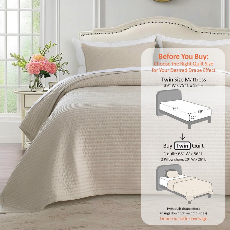 Kasentex WX1804-CML Quilt Mini Set-Stone Washed-Super Soft Bedspread-Light Weight-White Down Alternative Microfiber Fill-Machine Washable-Solid Colors, Twin + 2 Shams, Camel - Image 3