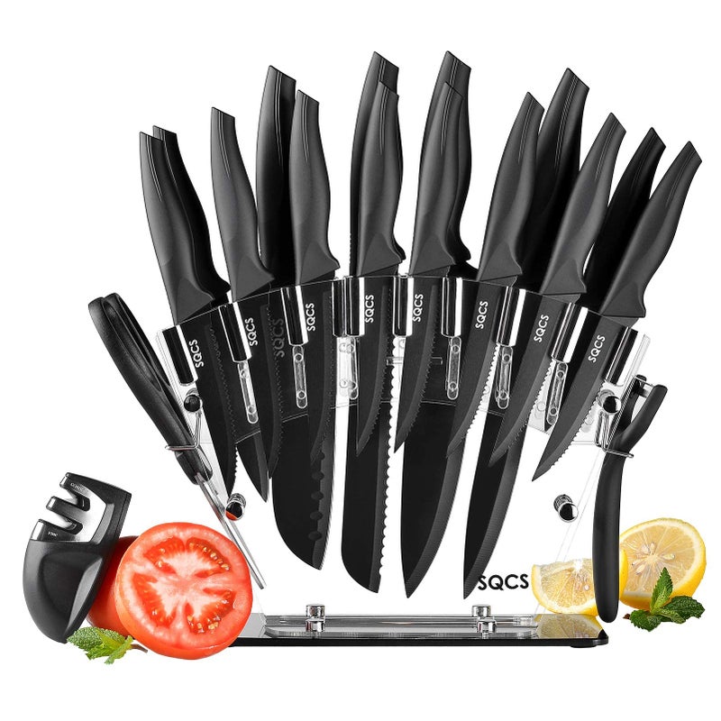 Rainbow Knife Set 18 Pcs Kitchen Knives Set Sharp Stainless Steel Knife Sets Contain 8 Steak Knives Sharpener Peeler Clear Acrylic Stand Beautiful Knife Best Gift Black 18PCS Set