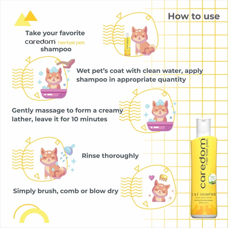 Caredom شامبو كاردوم العشبي للحيوانات الأليفة لمكافحة القراد والبراغيث للقطط | شامبو 2 في 1 مع بلسم | مضاد للحكة، مضاد للفطريات وتخفيف الحساسية | غني بمستخلصات النيم، السيتافال والقرنفل (200 مل) - Image 5