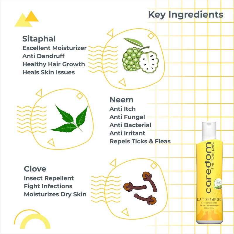 Caredom شامبو كاردوم العشبي للحيوانات الأليفة لمكافحة القراد والبراغيث للقطط | شامبو 2 في 1 مع بلسم | مضاد للحكة، مضاد للفطريات وتخفيف الحساسية | غني بمستخلصات النيم، السيتافال والقرنفل (200 مل) - Image 3