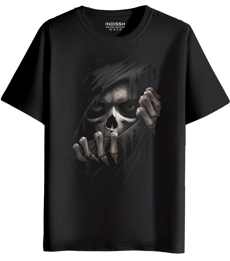 INDISSH Unisex Regular and Plus Size Adults Music Printed Round Neck 100% Cotton Tshirt - RNM-SKULLA1-BLK-L Black - Image 1
