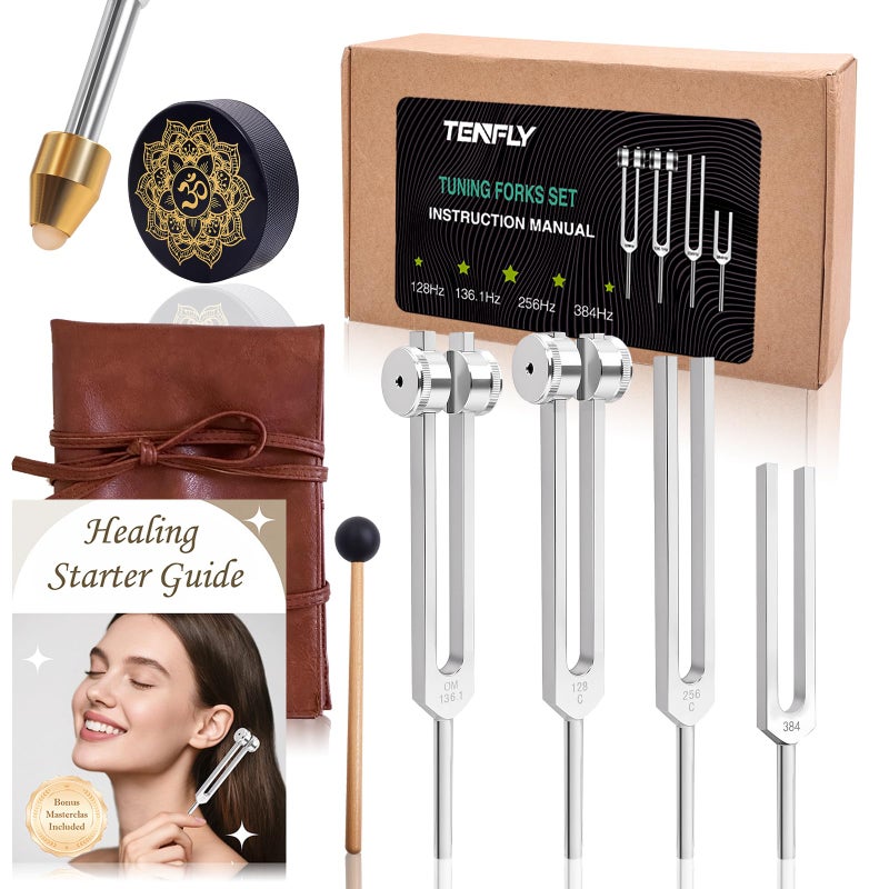 Tenfly Tuning Forks for Healing Set â€“ Includes 128Hz, 136Hz, 256Hz, 384Hz & Activator, Perfect for Healing, Chakra, Sound Therapy, Keep Body, Mind and Spirit in Perfect Harmony - Image 1