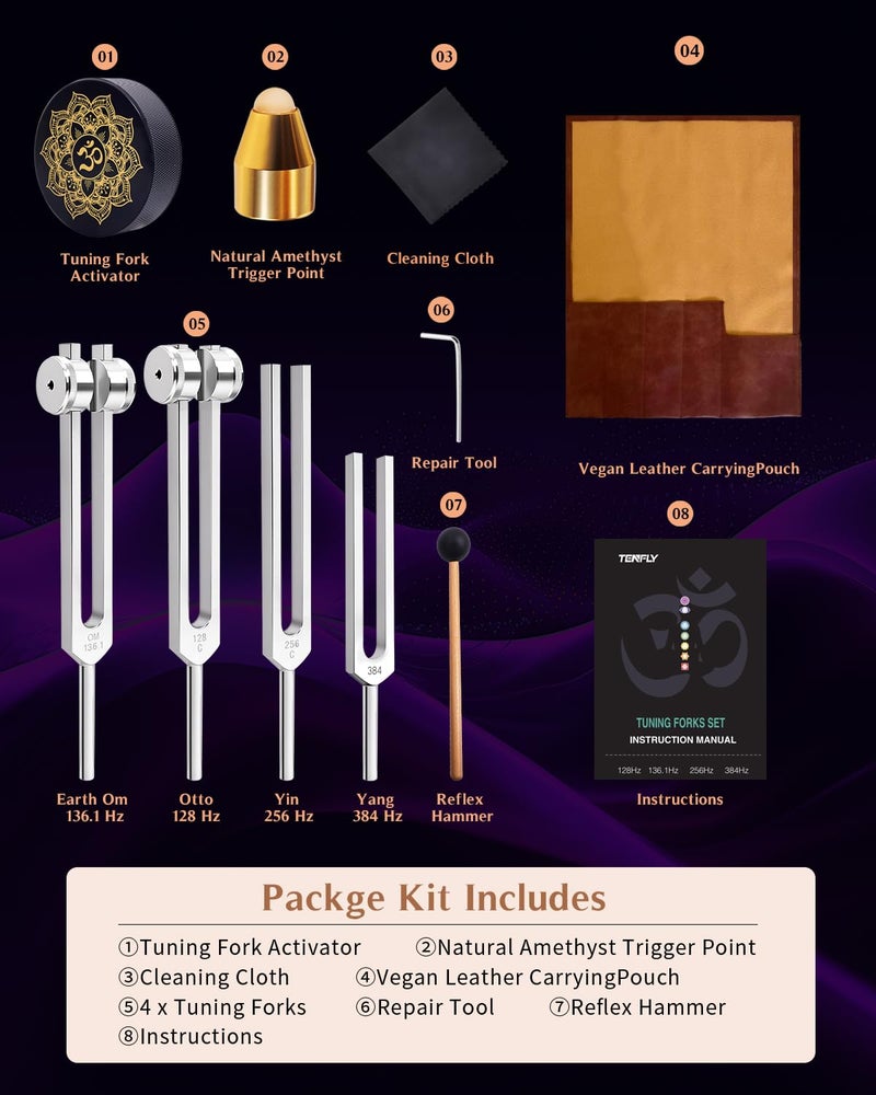 Tenfly Tuning Forks for Healing Set â€“ Includes 128Hz, 136Hz, 256Hz, 384Hz & Activator, Perfect for Healing, Chakra, Sound Therapy, Keep Body, Mind and Spirit in Perfect Harmony - Image 2