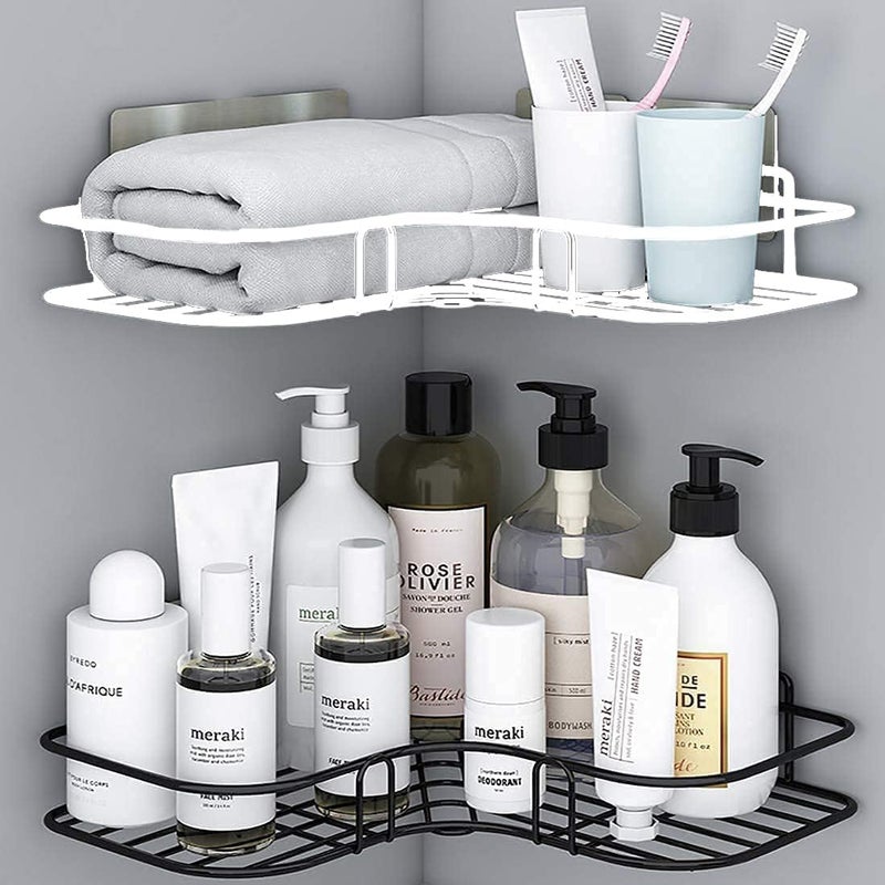 Oslen (Pack of 2 Self-Adhesive Shelf/Storage Organizer for Bathroom and Kitchen Corner Wall Mounted Rack Shelf Bathroom Accessories Storage Rack (No Drilling) (8 inch White and 9 INCH Black) - Image 1