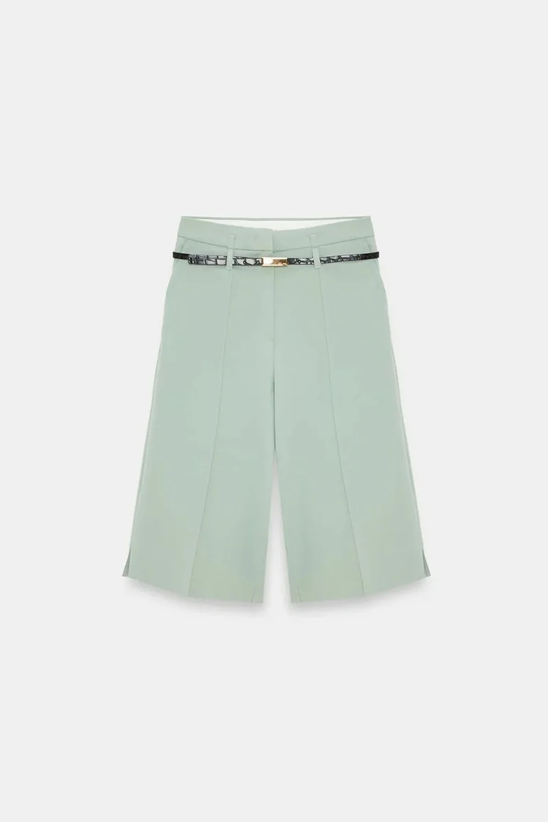 Dilvin Mint Green DILVIN High-waist Wide-leg Crepe Shorts With Belt for Women | Best Price UAE