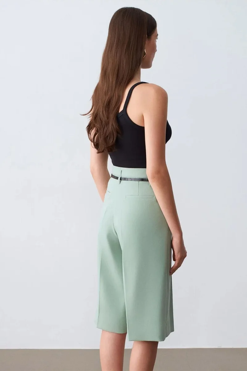 Dilvin Mint Green DILVIN High-waist Wide-leg Crepe Shorts With Belt for Women | Best Price UAE