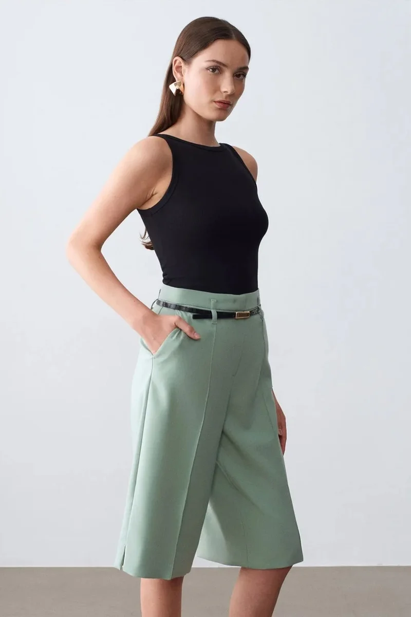 Dilvin Mint Green DILVIN High-waist Wide-leg Crepe Shorts With Belt for Women | Best Price UAE