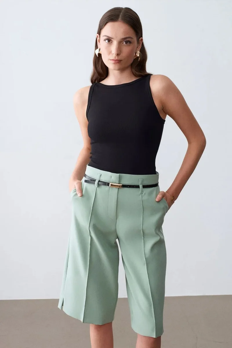 Dilvin Mint Green DILVIN High-waist Wide-leg Crepe Shorts With Belt for Women | Best Price UAE