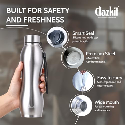 Clazkit Platina Pro Classic Stainless Steel Water Bottle 1000ml |ISI Certified|Leakproof, Rust-Free, BPA-Free, Durable for College, Fridge, Sports, Gym, Yoga & Office – Easy to Clean & Reusable - Image 2