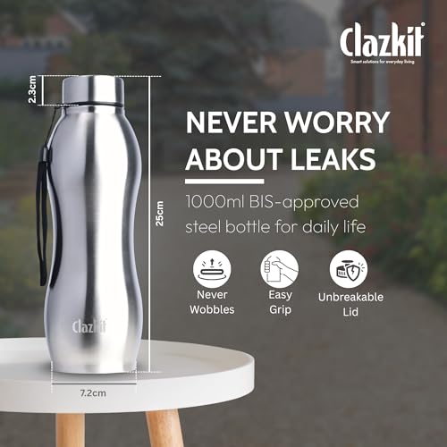 Clazkit Platina Pro Classic Stainless Steel Water Bottle 1000ml |ISI Certified|Leakproof, Rust-Free, BPA-Free, Durable for College, Fridge, Sports, Gym, Yoga & Office – Easy to Clean & Reusable - Image 3