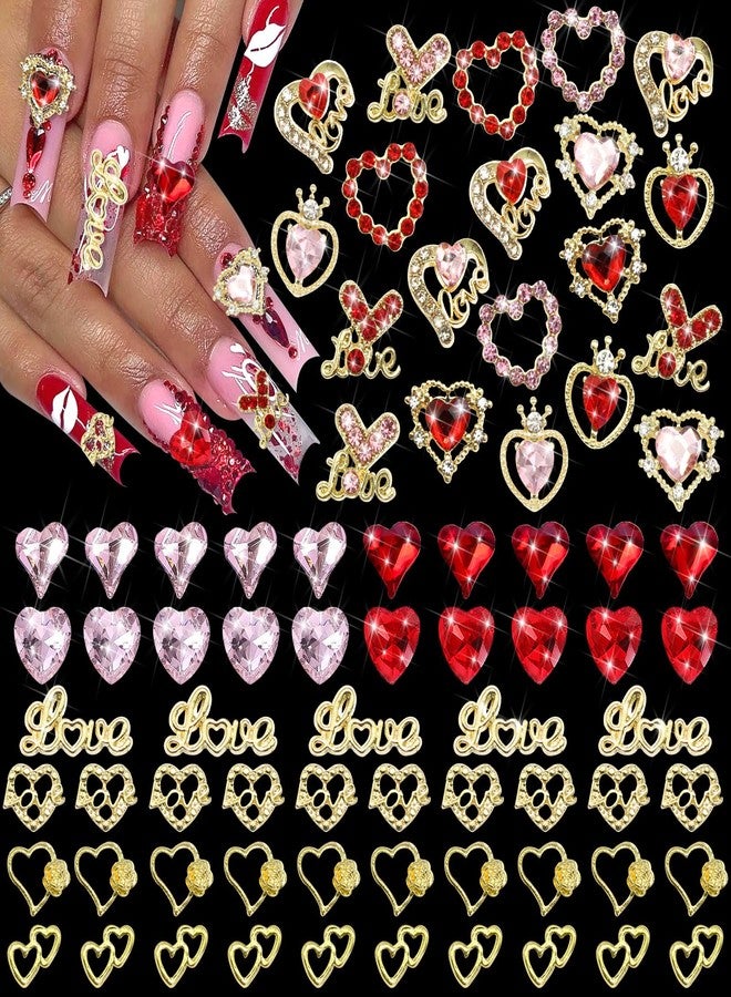 BELICEY 75Pcs 3D Gold Nail Charms Red Pink Heart Nail Charms Alloy Flatback Love Letter Charms for Nails Heart Shaped Gems and Rhinestones for Women Valentine‘s Day Manicure DIY Nail Art Design Crafts - Image 1