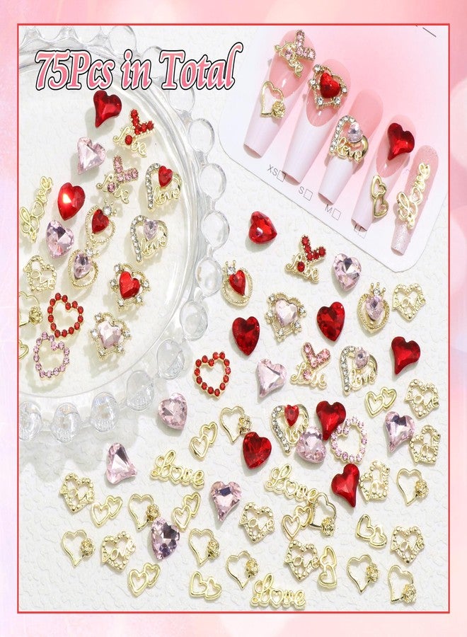 BELICEY 75Pcs 3D Gold Nail Charms Red Pink Heart Nail Charms Alloy Flatback Love Letter Charms for Nails Heart Shaped Gems and Rhinestones for Women Valentine‘s Day Manicure DIY Nail Art Design Crafts - Image 5