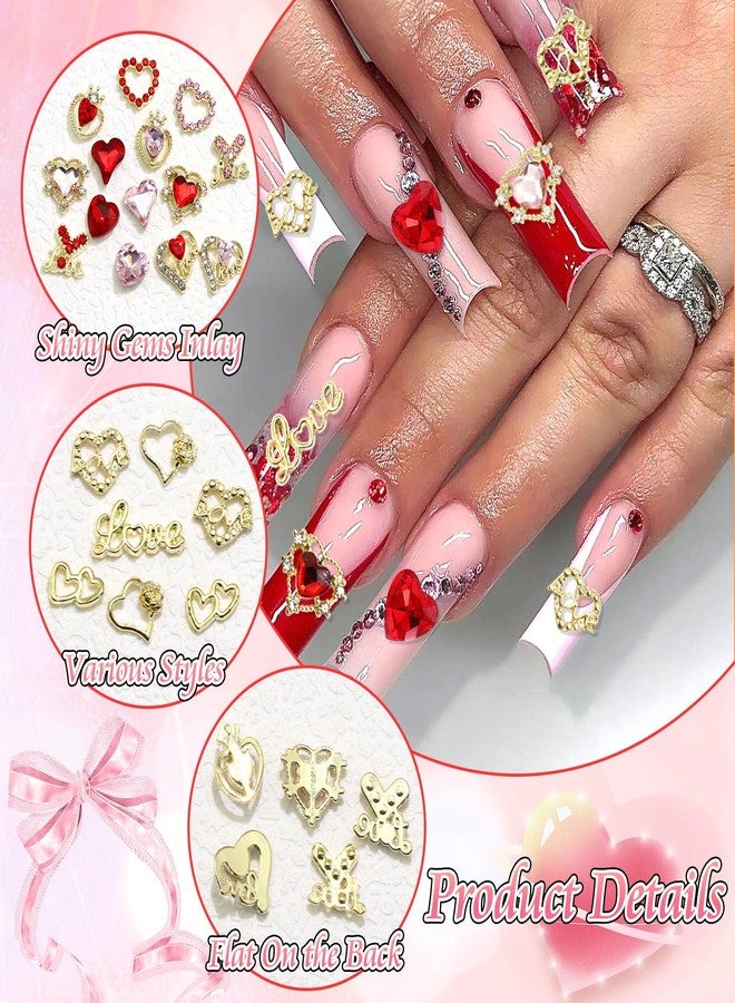 BELICEY 75Pcs 3D Gold Nail Charms Red Pink Heart Nail Charms Alloy Flatback Love Letter Charms for Nails Heart Shaped Gems and Rhinestones for Women Valentine‘s Day Manicure DIY Nail Art Design Crafts - Image 3