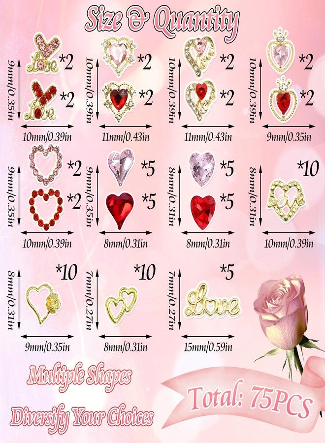 BELICEY 75Pcs 3D Gold Nail Charms Red Pink Heart Nail Charms Alloy Flatback Love Letter Charms for Nails Heart Shaped Gems and Rhinestones for Women Valentine‘s Day Manicure DIY Nail Art Design Crafts - Image 2