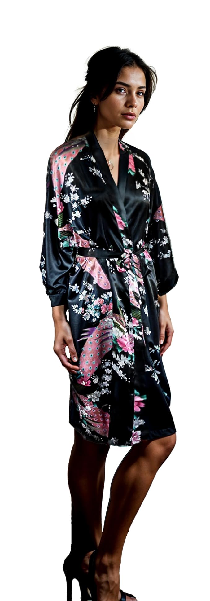CCcollections Kimono robe long 16 colors PREMIUM Peacock bridesmaid bridal shower womens gift (Black) - Image 1