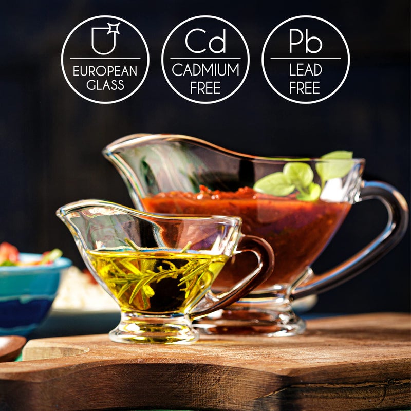 Crystalia Gravy Boat Saucer Set Clear Glass, Large and Small Condiment Appetizer Serving Bowl with Easy Grip Handle, Lead-Free Premium Clear Glass Set of 2 - Image 2